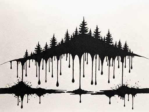 This image is a detailed black and white painting on a textured, off-white canvas. The central focus is a forest of pine trees, depicted as black silhouettes against a lighter background. The trees are arranged in a way that they form a mountain-like shape, with the tallest tree in the middle and smaller trees on either side, creating a sense of depth and perspective. The forest appears to be dripping, with the black ink flowing downward from the trees, creating a melting effect. This drips into three distinct splotches at the bottom of the canvas, resembling ink blots or paint splatters. The overall composition is abstract, with the dripping effect adding a dynamic and fluid quality to the otherwise static forest scene.