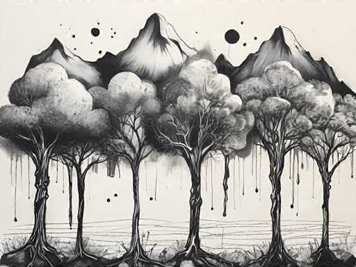 The image is a black and white line drawing depicting five trees with their roots visible through the bark. The trees are arranged in two rows of three, creating a sense of balance within the composition. Each tree has a unique shape and size, adding variety to the overall scene. The artist's style is characterized by loose lines and shading techniques that emphasize the contrast between light and dark areas, giving the drawing a dramatic effect.