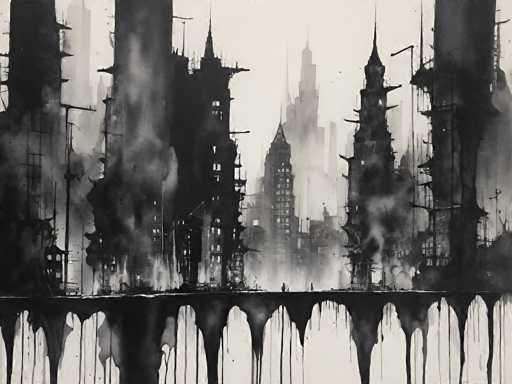 This black and white artwork depicts a dystopian cityscape, characterized by tall, dark buildings that appear to be under construction or in ruins. The scene is shrouded in a hazy, smoky atmosphere, with the sky rendered in a light gray hue. The buildings, which vary in shape and size, feature numerous windows and spires, some of which are incomplete or damaged. The foreground is dominated by these imposing structures, while the background reveals additional buildings that fade into the mist. A thin black line runs horizontally across the image, below which the cityscape is reflected in a liquid-like surface, creating a mirror image that drips and blends into the white background. The overall effect is one of desolation and decay, with the entire composition rendered in shades of black, white, and gray.