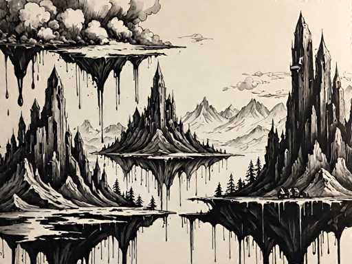 This black and white drawing, rendered on a cream-colored background, depicts a surreal and fantastical landscape. Dominating the scene are several floating islands, each adorned with spiky, castle-like structures that evoke a sense of otherworldly grandeur. The largest island, positioned in the upper left corner, features a flat top with jagged edges and emits plumes of smoke or clouds from its surface. Below this island, a smaller one mirrors its spiky architecture, while another island in the center of the composition is slightly more pointed at the top. To the right, a towering mountain with a flat summit rises majestically, its reflection shimmering in a body of water at the bottom of the image. This water also reflects the other islands, enhancing the dreamlike quality of the scene. The entire composition is rendered in shades of gray, black, and white, with intricate details that create a captivating and mysterious atmosphere.