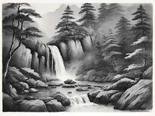 A black and white digital painting of a serene waterfall cascading down a rocky cliff in a misty, mountainous landscape. The scene is rendered in a traditional ink wash style, with soft, flowing lines and varying shades of gray to create depth and texture. The water is depicted as a gentle, ethereal flow, with splashes catching the light in places. Tall pine trees frame the scene on either side, their branches reaching towards the misty sky. The overall mood is one of tranquility and natural beauty.