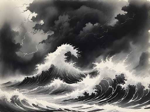 This black and white painting vividly captures the raw power of a tumultuous ocean under a stormy sky. Dominating the scene are massive waves, with one particularly towering wave in the center, its crest curling dramatically like a snake's head. The waves are depicted in various shades of gray, with white foam accentuating their crests and peaks. The sky above is filled with dark, ominous clouds, rendered in deep blacks and grays, interspersed with streaks of lightning that pierce through the gloom. The overall composition is a dynamic interplay of light and shadow, with the stormy sea below reflecting the turbulent energy of the tempestuous sky above. The painting's monochromatic palette enhances the intensity and drama of the natural scene, making it a striking portrayal of nature's fury.