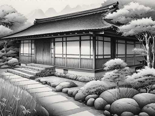 This black and white illustration depicts a traditional Japanese house with a distinctive curved roof, reminiscent of a pagoda. The house features numerous windows and a wooden door, with a stone walkway leading up to it. The structure appears to be elevated, possibly on stilts, and is surrounded by a meticulously maintained garden. The garden includes various plants, bushes, and trees, with a notable large stone in the foreground. In the background, mountains rise up, adding depth to the serene landscape. The overall composition is detailed and tranquil, capturing the essence of traditional Japanese architecture and its harmonious integration with nature.