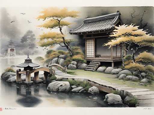 This image depicts a serene Japanese garden, characterized by its traditional architectural elements and natural beauty. At the center of the scene stands a pagoda-style building with a distinctive black roof, featuring a white door and a set of six steps leading up to it. The structure is elevated on a platform, accessible by a stone walkway that curves gracefully around a small pond. This pond, adorned with large gray rocks, is home to a wooden bridge with a pagoda roof, which connects the walkway to the building. The garden is lush with various trees, including a prominent bonsai-like tree with yellow leaves situated to the right of the building. Additional trees and bushes, some with yellow foliage, are scattered throughout the area, enhancing the tranquil atmosphere. In the background, another pagoda-style structure can be seen, adding depth to the composition. The sky above is a muted gray, with birds flying in the distance, completing this picturesque and peaceful landscape.
