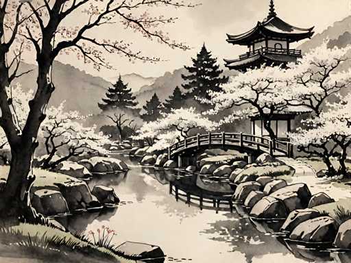 The image depicts a serene Japanese garden scene with a traditional wooden bridge spanning across a tranquil river. The garden is filled with trees and rocks, creating a sense of depth and tranquility. In the background, there are buildings that add to the overall composition of the landscape.