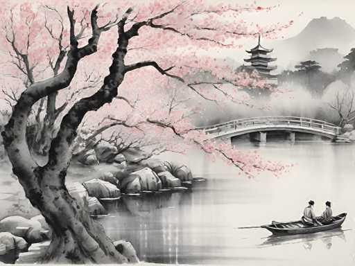 This is a serene ink wash painting depicting a tranquil Japanese garden scene. The main elements are a large, gnarled tree with delicate pink blossoms, a calm lake reflecting the scene, and a traditional Japanese bridge leading to a distant pagoda. Two figures in a boat gently navigate the water, adding a sense of peaceful movement. The ink wash style emphasizes fluid brushstrokes and tonal variations, creating a soft, dreamlike atmosphere.