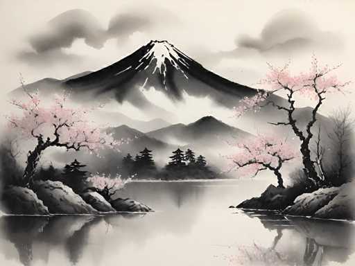 This image is a detailed, black-and-white watercolor painting of Mount Fuji, the iconic peak of Japan. The mountain, with its snow-capped summit, dominates the background, rising majestically above a series of smaller, misty mountains. In the foreground, a serene lake mirrors the mountain and the sky, adding depth to the composition. On either side of the lake, cherry blossom trees with pink flowers bloom on rocky outcrops, their reflections visible in the calm water. The sky is filled with clouds, enhancing the tranquil atmosphere. Additionally, there are traditional Japanese pagodas and pine trees scattered throughout the scene, contributing to the cultural and natural beauty of the landscape. The entire image is rendered in shades of black, white, and gray, with the exception of the vibrant pink blossoms on the trees.