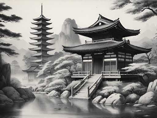 This black and white illustration depicts a serene Japanese landscape featuring two traditional pagoda-style buildings. The foreground building, situated on the right, is a smaller, one-story structure with a distinctive curved roof and a set of stairs leading up to its entrance. This building is surrounded by rocks and trees, with a body of water in front of it, adding to the tranquil ambiance. In the background, slightly to the left, stands a taller, multi-tiered pagoda with at least eight levels, each adorned with a curved roof. This taller building is also encircled by rocks and trees, with a prominent mountain visible behind it. The entire scene is rendered in shades of black, white, and gray, enhancing the traditional and peaceful aesthetic of the illustration.