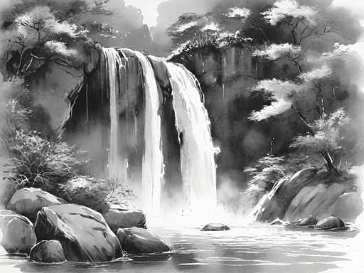 This black and white watercolor painting depicts a serene, natural landscape dominated by a large, cascading waterfall. The waterfall, which occupies the central portion of the image, flows from a cliff adorned with lush trees and bushes. The water splits into two streams as it descends, creating a dynamic and powerful visual effect. At the base of the waterfall, the water pools into a tranquil lake, surrounded by large, gray rocks and smaller stones. The scene is framed by additional trees and bushes on both the left and right sides, adding depth and a sense of enclosure to the composition. The sky above is a light gray, enhancing the overall monochromatic palette of the painting. The entire scene exudes a sense of calm and natural beauty, with the interplay of light and shadow accentuating the textures of the water, rocks, and foliage.