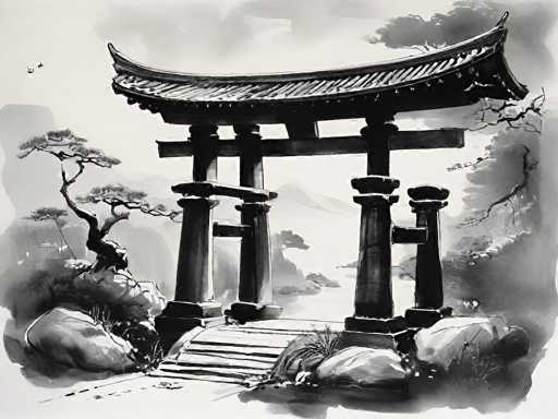 A black and white ink wash painting of a traditional Japanese torii gate, with a serene landscape in the background. The gate is intricately detailed, showing its sturdy wooden structure and gracefully curved roof. The ink washes create a soft, atmospheric feel, with varying shades of gray suggesting depth and shadow.  The background features misty mountains and a few stylized trees, hinting at a peaceful, possibly spiritual setting. A small bird is depicted flying in the distance, adding to the tranquil atmosphere. The overall style emphasizes traditional Japanese ink wash painting techniques, focusing on line and tonal variations to create a sense of depth and atmosphere.