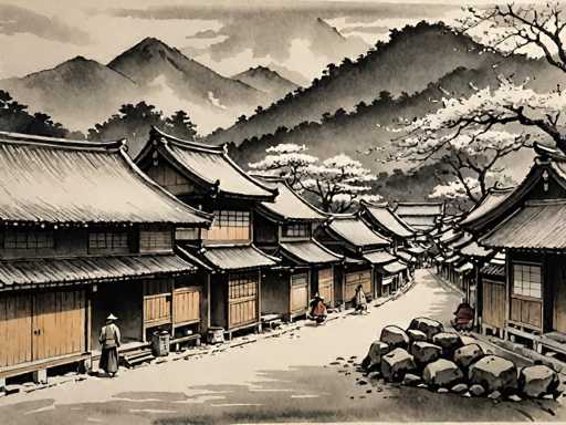 The image depicts a serene, traditional Japanese village scene. The main subjects are several wooden houses with distinctive tiled roofs lining a narrow, cobblestone street. People in traditional clothing stroll along the path. In the background, rolling mountains rise under a cloudy sky. The art style is a black and white ink wash drawing, reminiscent of traditional Japanese woodblock prints (ukiyo-e), with a focus on delicate brushstrokes and atmospheric perspective.