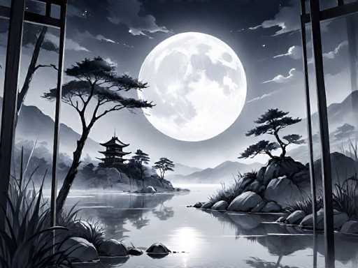 This black-and-white illustration, reminiscent of traditional Japanese art, captures a serene night scene viewed from behind a pair of open sliding doors. The focal point is a large, luminous moon that dominates the sky, casting its glow over the tranquil landscape. In the foreground, a still body of water reflects the moonlight, creating a mirror-like effect. To the left, a small island features a traditional Japanese pagoda with its distinctive curved roof, surrounded by trees and rocks. On the right, a rocky shoreline is dotted with more trees, adding to the natural beauty of the scene. The background reveals a misty mountain range, enhancing the ethereal quality of the night. The entire composition is rendered in shades of gray, emphasizing the peaceful and contemplative atmosphere of this classic Japanese landscape.