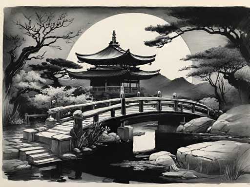 The image depicts a traditional Japanese garden scene with a wooden bridge spanning over a small pond and a pagoda-like structure on the right side of the frame. The garden is filled with trees and rocks, creating a serene and tranquil atmosphere. A person can be seen walking along the path in front of the pond, adding a sense of scale to the image.