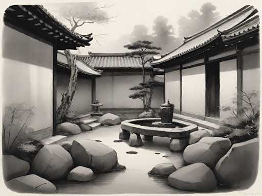 The image depicts an old-fashioned Japanese courtyard with a stone fountain at its center and traditional Japanese buildings surrounding it. The courtyard is filled with large rocks of various sizes scattered throughout the space, creating a sense of tranquility and harmony. A small tree stands in one corner of the courtyard, adding to the overall peaceful atmosphere.
