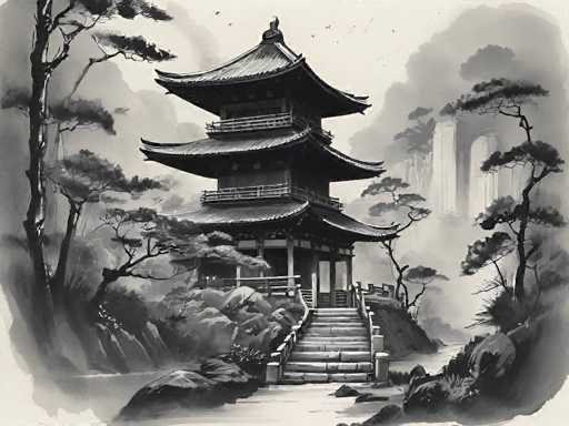 This black-and-white illustration depicts a traditional Japanese pagoda, likely situated in Kyoto, Japan. The pagoda features three distinct tiers, each adorned with elegantly curved roofs that taper upwards at the edges. The structure is supported by numerous pillars, and each tier boasts a small balcony encircling the building. A set of stone steps leads up to the entrance, flanked by a stone railing. The scene is set against a backdrop of lush trees and a serene river, with a waterfall cascading in the distance. The sky above is dotted with birds, adding to the tranquil atmosphere. The entire composition is rendered in shades of black, white, and gray, emphasizing the intricate details and traditional aesthetic of the pagoda and its surroundings.