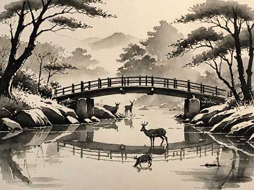 A black and white ink wash painting depicts a serene Japanese landscape. A traditional wooden bridge spans a calm, reflective river, its dark structure contrasting with the lighter water's surface. Several deer are depicted on and around the bridge, some standing, others drinking from the water. The background features softly rendered mountains shrouded in mist, with trees lining the riverbanks on either side. The overall style is reminiscent of traditional Sumi-e (ink wash) painting, with fluid brushstrokes and a focus on capturing the essence of the scene rather than precise detail. The composition is balanced, drawing the viewer's eye across the landscape and emphasizing the tranquility of nature.