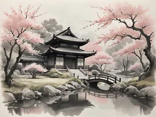The image depicts a serene Japanese-style temple nestled amidst cherry blossom trees and a tranquil pond. The main subject is the traditional black wooden temple with a multi-tiered roof, reflected in the calm water. The spatial relationship shows the temple centrally positioned, with cherry blossoms framing it on either side and rocks lining the pond's edge. The art style is a soft, watercolor-like rendering with muted grayscale tones and delicate pink blossoms, evoking a peaceful, traditional atmosphere.