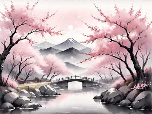 This image is a detailed watercolor painting of a serene Japanese landscape. Dominating the background is a majestic mountain, likely Mount Fuji, with its iconic snow-capped peak. The sky above is a soft pink hue, suggesting either dawn or dusk, and features a few white birds flying near the mountain. In the foreground, a tranquil river flows through the scene, spanned by a small stone bridge. The riverbanks are adorned with large gray boulders and lush cherry blossom trees, their branches heavy with pink blossoms. A winding road runs along the left side of the river, leading towards the bridge. The overall composition is framed by the vibrant pink of the cherry blossoms, creating a harmonious and picturesque view.