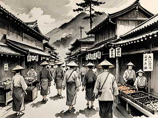 A black and white illustration depicts a bustling marketplace in what appears to be a traditional Japanese setting. The scene is rendered in a detailed, slightly stylized manner, reminiscent of woodblock prints or traditional ink wash paintings. 

The marketplace is lined with numerous stalls, each featuring a low counter displaying various goods such as fruits (likely apples or pears), vegetables, and possibly other wares. The stalls are adorned with lanterns hanging from the eaves of the buildings above, casting a soft glow on the scene. 

Several figures are depicted as shoppers and vendors, all dressed in traditional Japanese clothing – kimonos. They are walking along a narrow path between the stalls, their figures rendered with a sense of motion and activity. The overall atmosphere is one of a vibrant, traditional marketplace filled with the sights and sounds of daily life. 

The background features mountains in the distance, adding depth to the scene and suggesting a location nestled in a rural or historical setting. The style of the illustration is detailed yet somewhat simplified, focusing on capturing the essence of a traditional Japanese marketplace rather than precise realism.