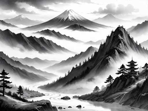 This black-and-white illustration, reminiscent of traditional Japanese art, depicts a serene mountainous landscape. Dominating the background is a majestic snow-capped mountain, its peak rising above a sea of clouds. In the foreground, a winding river meanders through the scene, flanked by rocky shores and lush trees. To the right, a prominent mountain features a pagoda-like structure with multiple tiers, adding an element of cultural significance. The composition is rich in detail, with intricate clouds and fog enveloping the mountains, creating a mystical atmosphere. The entire image is rendered in shades of black, white, and gray, emphasizing the natural beauty and tranquility of the setting.