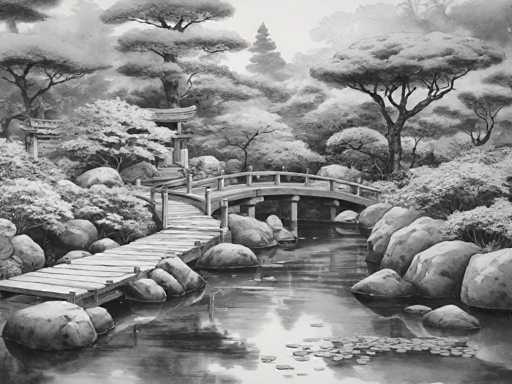 The image is a black and white photograph depicting a serene garden scene with a wooden bridge spanning across a small pond filled with rocks and plants. The garden features trees and bushes surrounding the pond, creating a tranquil atmosphere.