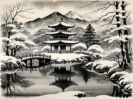 A black and white ink drawing of a traditional Japanese temple nestled in a snowy landscape. The temple is multi-tiered with a gracefully curved roof, and it sits on a small island in a calm pond. Snow blankets the surrounding trees and rocks, creating a serene winter scene. The temple's reflection is mirrored on the still water, and distant snow-capped mountains rise in the background. The drawing has a delicate, artistic style with detailed brushstrokes and a focus on capturing the tranquil atmosphere of a winter garden.