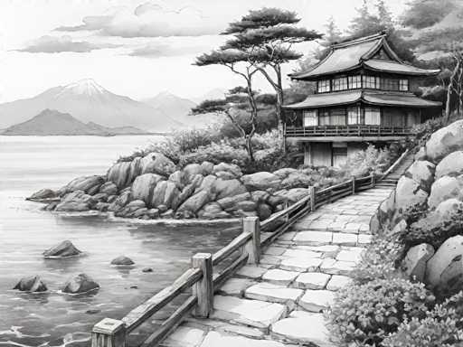 The image depicts a traditional Japanese house situated on a cliff overlooking a body of water. The house is surrounded by rocks and features a wooden fence running along the edge of the property. The scene is rendered in black and white, with the colors muted to create a timeless quality.