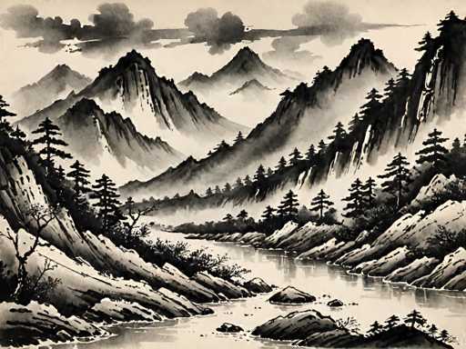This black and white image, reminiscent of a traditional Japanese woodblock print, captures a serene mountainous landscape. The scene is dominated by a meandering river that begins at the bottom right corner, flowing towards the center before veering left and disappearing into the distance. The river is dotted with rocks, adding texture to the tranquil water. Flanking the river on both sides are rugged, rocky hills adorned with sparse vegetation, including pine trees and bushes. The left side of the image features a prominent hill that slopes downward, while the right side showcases a hill that ascends towards the top right corner. In the background, a series of majestic mountains rise, their peaks shrouded in wispy clouds that stretch across the top of the image. The sky is a light gray, enhancing the monochromatic palette of the scene. The overall composition, with its detailed depiction of nature, evokes a sense of peace and timelessness characteristic of traditional Japanese art.