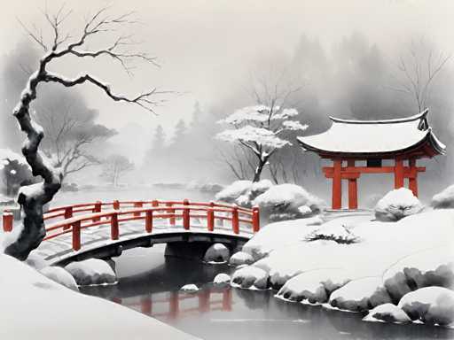 The image depicts a serene winter scene featuring a traditional Japanese garden with a red torii gate and a bridge spanning over a small river. The garden is blanketed in snow, creating a tranquil atmosphere. In the foreground, there are two large rocks that add to the natural beauty of the scene. The painting style is realistic, capturing the details of the landscape with precision.