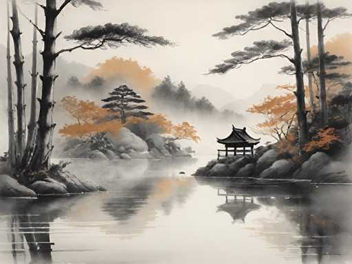 This is a serene ink wash painting depicting a tranquil landscape. The main subjects are misty mountains, a calm lake with a traditional Chinese pavilion on its shore, and several stylized pine trees. The composition uses soft, flowing brushstrokes to create a sense of depth and atmosphere, with the mountains receding into a hazy distance. The ink wash style emphasizes subtle tonal variations and delicate washes of black, creating a peaceful and contemplative mood.