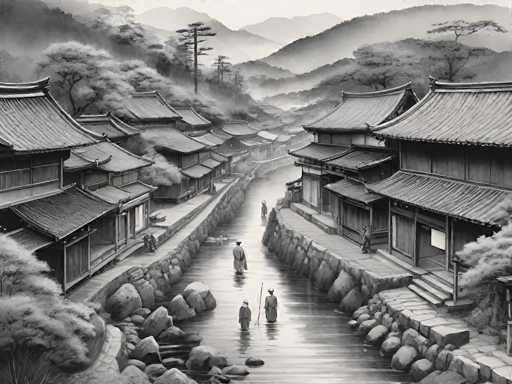 This black and white image, which appears to be a detailed drawing or painting, depicts a serene, old-fashioned Asian village nestled along the banks of a narrow river. The village is characterized by traditional buildings with distinctive curved roofs, some of which are two stories high. The river, lined with large rocks, flows gently through the center of the scene, with several people wading in the shallow waters, some holding long poles. The village is surrounded by lush greenery, including trees and bushes, and the background features rolling hills and mountains, adding to the picturesque quality of the landscape. The sky above is a light gray, enhancing the tranquil and timeless atmosphere of the scene.