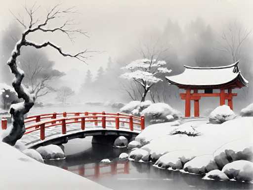 This image is a detailed, hand-drawn painting of a serene winter landscape, reminiscent of traditional Japanese art. The scene is dominated by a snow-covered bridge with red railings and posts, spanning a calm river. The bridge, which appears to be made of stone, leads to a small island adorned with a pagoda-like structure, also blanketed in snow. The pagoda features a distinctive curved roof and red pillars, adding a vibrant contrast to the monochromatic setting. Surrounding the bridge and island are numerous trees, some bare and others with snow-laden branches, creating a stark yet beautiful winter tableau. The background is filled with more trees, shrouded in a misty fog that enhances the tranquil atmosphere. The entire scene is rendered in shades of black, white, and gray, with the only splash of color coming from the red elements of the bridge and pagoda, making them stand out prominently against the wintry landscape.