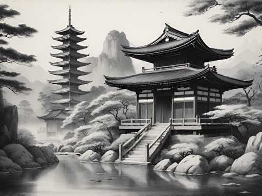 The image depicts a traditional Japanese temple nestled within a mountainous landscape. The temple is constructed from wood and features a steep roof that blends harmoniously with the surrounding nature. A wooden staircase leads up to the entrance of the temple, inviting visitors to explore its interior. The scene is rendered in black and white, emphasizing the contrast between light and shadow and highlighting the architectural details of the temple.

The image is a realistic representation of the temple's design, capturing the intricate craftsmanship that went into creating this cultural landmark. The use of traditional materials and techniques reflects the rich history and heritage associated with Japanese architecture.