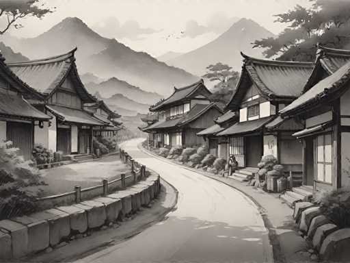 The image depicts a serene, traditional Japanese village scene. The main subjects are several wooden houses with distinctive tiled roofs lining a winding cobblestone path, all nestled against a backdrop of misty mountains. The spatial relationship shows the houses clustered closely together, receding into the distance with a gentle curve in the path. The art style is a soft, painterly monochrome illustration, evoking a sense of tranquility and historical charm.