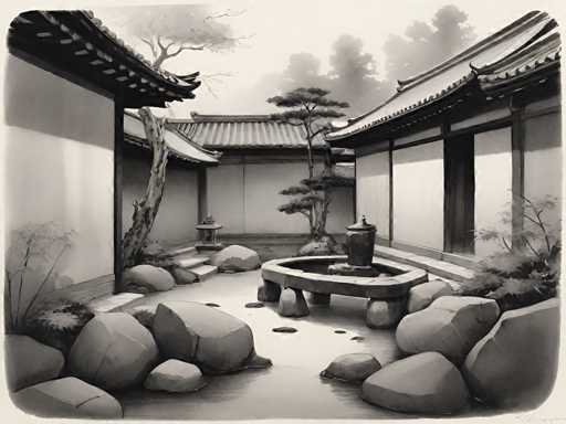 This black and white image, possibly a photograph or a detailed drawing, depicts a serene Japanese-style garden. The garden features a central pond with large rocks scattered around it, and a stone fountain that appears to be filled with water. Surrounding the pond are several traditional Japanese buildings with distinctive curved roofs, which are white with black trim. The structures are adorned with sliding doors, typical of Japanese architecture. In the background, a variety of trees, including what appear to be bonsai-like trees, add to the tranquil atmosphere. The sky is overcast, casting a soft light over the entire scene. The overall composition, with its meticulous details and balanced elements, evokes a sense of peace and traditional Japanese aesthetics.