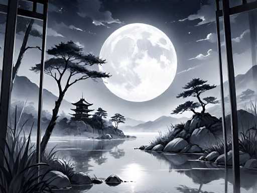 The image is a black and white illustration depicting a serene landscape with a large full moon illuminating the scene. The moon casts a soft glow over the water below, which reflects its light onto the surrounding mountains in the background. On the left side of the image, there are two trees standing tall against the backdrop of the sky. In the center of the image, there is a pagoda-like structure that adds to the overall composition and aesthetic appeal of the scene.