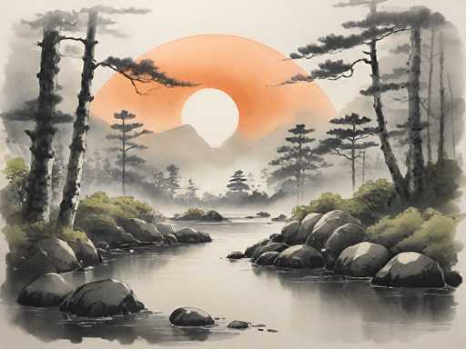 This image is a detailed watercolor painting of a serene river landscape. The river, depicted in shades of gray and black, winds through the center of the scene, flanked by lush greenery and rocks on both sides. Tall trees with gray trunks and dark green leaves line the riverbanks, creating a natural frame. In the background, a mountain range is visible, with a prominent orange sun either rising or setting behind it, casting a warm glow over the entire scene. The sky is painted in light gray tones, adding to the tranquil atmosphere. The overall composition is rendered in muted colors, with the exception of the vibrant orange sun, which serves as the focal point of the painting.
