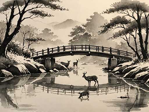 The image depicts a serene scene of deer and birds in their natural habitat. The deer are standing on the bank of a river, while two birds can be seen flying above them. A bridge is visible in the background, connecting one side to another. The entire scene is rendered in black and white, giving it an artistic and timeless quality.