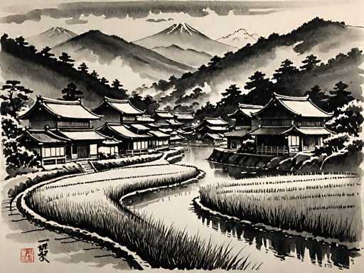 This black and white drawing, possibly a watercolor or ink sketch, depicts a serene Japanese village nestled in a lush valley. The village is characterized by traditional Japanese architecture, with numerous buildings featuring curved, triangular roofs and rectangular windows. A meandering river flows through the center of the village, bordered by rice paddies on either side, where tall grasses and plants thrive. The scene is framed by a series of rolling hills and mountains, with two prominent snow-capped peaks in the background. The sky above is a light gray, adding to the tranquil atmosphere. In the bottom left corner of the image, there is a red stamp and some black characters, likely Japanese writing, adding an authentic touch to the artwork.
