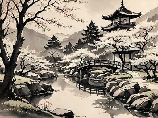A serene, ink-wash style painting of a Japanese garden scene. The foreground features a calm pond with smooth, dark water reflecting the surrounding landscape. Several large, moss-covered rocks are scattered along the edges of the pond, some partially submerged. A traditional Japanese bridge with dark wooden railings arches gracefully over the water, leading towards a charming pagoda-style building nestled amongst blossoming cherry trees. The trees are depicted with delicate, flowing branches and a soft, white bloom, creating a sense of tranquility. In the background, rolling hills fade into a misty distance, with more trees and structures partially obscured by the atmospheric haze. The overall color palette is monochromatic, using shades of gray to evoke a traditional Japanese aesthetic and emphasize the subtle play of light and shadow. The style is reminiscent of Sumi-e, with bold ink strokes and a focus on capturing the essence of the scene rather than precise detail.