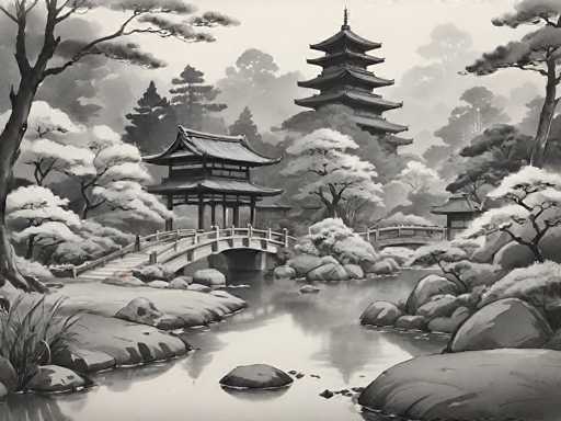 This black and white image, possibly a painting or a detailed drawing, depicts a serene Japanese landscape. At the center of the composition is a tranquil pond, its surface reflecting the surrounding scenery. Two arched bridges span the pond, connecting the land on either side. The left bank features a small, one-story building with a distinctive Japanese-style roof, while the right bank is adorned with a larger, multi-tiered pagoda, rising at least five stories high. The scene is framed by numerous trees, some of which appear to be dusted with snow, adding to the wintry atmosphere. The sky above is a light gray, enhancing the overall calm and peaceful mood of the image.