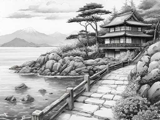 This black and white illustration, reminiscent of a traditional Japanese woodblock print, depicts a serene lakeside scene with a pagoda-style house. The house, situated on the right side of the image, features two stories with a distinctive curved roof and numerous windows. A stone walkway, bordered by a wooden fence, leads up to the house, winding through a rocky landscape. To the left of the walkway, the calm waters of the lake are dotted with large rocks, while in the background, a majestic snow-capped mountain rises against a sky filled with clouds. The scene is framed by lush trees and bushes, enhancing the tranquil and picturesque atmosphere.