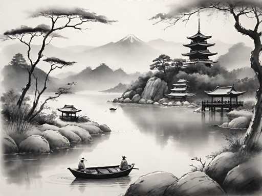 The image depicts a traditional Japanese landscape painting featuring a river with two boats on its surface and mountains in the background. The scene is rendered in black and white, giving it an antique feel. In the foreground, there are trees and buildings that add depth to the composition.