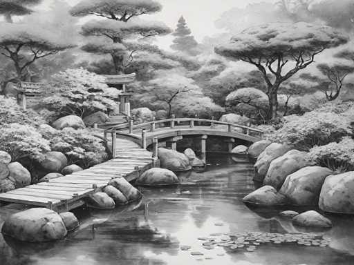 This black-and-white image, possibly a photograph or a detailed drawing, depicts a serene Japanese garden scene. At the center, a small wooden bridge with railings spans a calm pond, connecting two lush, green islands. The bridge, which appears to be made of wood, leads from the left side of the image to the right, where it connects to a path surrounded by large boulders and dense vegetation. The pond's surface is dotted with lily pads, adding to the tranquil atmosphere. In the background, a variety of trees, including tall pines and other species with rounded, flat-topped canopies, create a layered, forested backdrop. The sky above is a light gray, enhancing the peaceful ambiance of the scene. The overall composition, with its detailed depiction of nature and traditional elements, evokes a sense of calm and timelessness characteristic of Japanese landscapes.