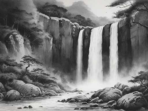 This black and white image, which could be a photograph or a detailed drawing, captures a serene and picturesque waterfall scene. The waterfall cascades down a steep cliff, creating a striking contrast against the surrounding landscape. At the base of the waterfall, the water spreads out over a rocky terrain, with large boulders scattered around. The scene is framed by lush trees and bushes, adding to the natural beauty of the setting. In the background, a mountain range looms, completing the tranquil and majestic vista. The image is devoid of any text, allowing the viewer to fully immerse themselves in the peaceful and untouched beauty of nature.