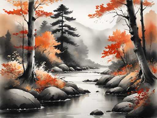 This image is a detailed, black-and-white watercolor painting of a serene autumn landscape. The scene features a winding river that begins at the bottom left corner, meandering through the center of the image and disappearing into the distance. The river is flanked by large, dark gray rocks and boulders, some of which are partially submerged in the water. On either side of the river, tall trees with vibrant orange and red leaves stand prominently, their branches extending over the water. These trees, along with the scattered orange leaves on the ground, create a striking contrast against the monochrome background. In the background, a range of misty mountains adds depth to the scene, their peaks shrouded in a light fog. The sky above is a soft gray, enhancing the tranquil and slightly melancholic atmosphere of the painting.