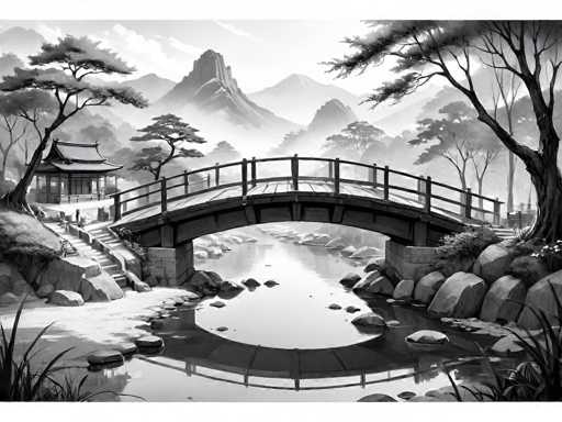 This black and white illustration, reminiscent of traditional Japanese art, depicts a serene landscape with a wooden arched bridge spanning a tranquil river. The bridge, featuring a stone base and railings, connects two lush, tree-lined shores. On the left side, a pagoda-style building with a curved roof stands prominently, accessible via a set of steps leading to a small porch. The river below is dotted with rocks, and the water reflects the bridge and surrounding greenery. In the background, a majestic mountain range rises, partially veiled by clouds, adding depth to the scene. The entire composition is rendered in shades of black, white, and gray, emphasizing the natural beauty and tranquility of the setting.