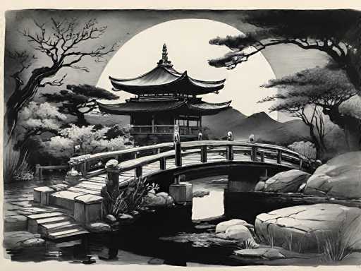 This black and white image, possibly a photograph or a detailed drawing, depicts a serene Japanese garden scene. At the center, a wooden bridge with railings arches over a tranquil pond, leading to a traditional Japanese pagoda with a distinctive curved roof. The pagoda, situated in the background, features a small statue on top and is surrounded by lush trees and bushes. The moon, large and luminous, dominates the sky, casting a soft glow over the entire scene. The foreground is adorned with large rocks and additional trees, enhancing the natural beauty of the setting. The overall composition exudes a sense of peace and tranquility, characteristic of traditional Japanese landscapes.