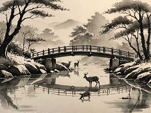 This black and white image, reminiscent of a traditional Japanese woodblock print, captures a serene winter landscape. A gently arched bridge spans a calm river, its reflection mirrored in the still water below. The bridge, supported by sturdy stone pillars, is surrounded by a dense forest of tall trees with sparse leaves, their branches reaching skyward. In the foreground, a deer stands gracefully by the water's edge, its reflection perfectly captured in the river. Further along the riverbank, two more deer can be seen; one is drinking from the water while the other stands alert, gazing into the distance. The background reveals a misty valley with distant mountains, adding depth and a sense of tranquility to the scene. The overall composition, with its detailed depiction of nature and traditional artistic style, evokes a sense of peace and timelessness.