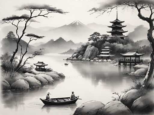 This black and white illustration, reminiscent of traditional Japanese art, depicts a serene landscape with a prominent mountain in the background, possibly Mount Fuji. The mountain is partially obscured by clouds, adding a mystical quality to the scene. In the foreground, a tranquil lake is bordered by rocks and lush vegetation. A small boat, with two men wearing traditional Japanese hats, gently floats on the water. To the right, a traditional Japanese building with a distinctive curved roof stands near a wooden pier. Further in the background, a larger, multi-tiered pagoda rises majestically, surrounded by trees and additional rocks. The entire composition exudes a sense of peace and harmony, capturing the essence of classic Japanese scenery.